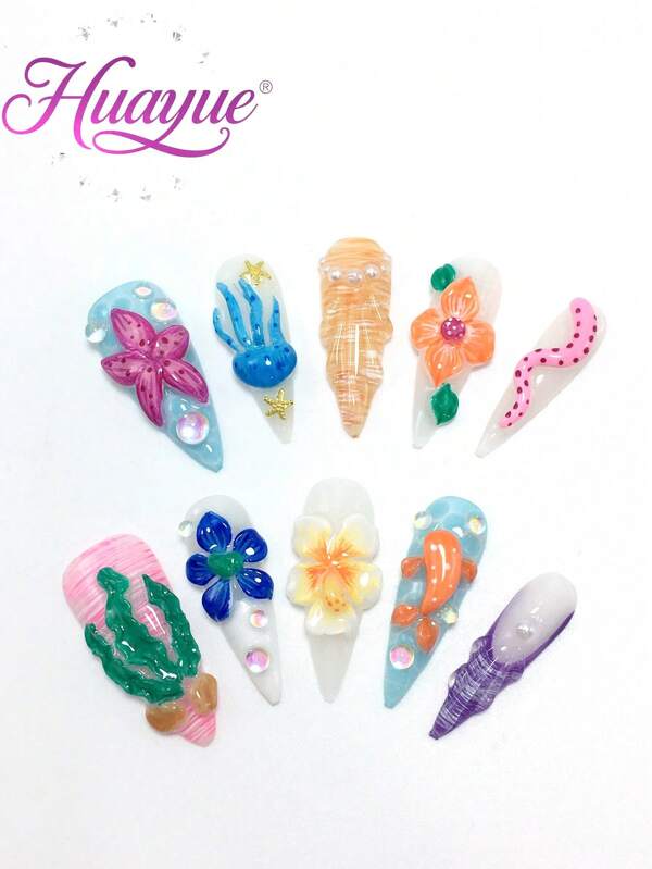 10 pares de saltos altos de 3,3 cm, artesanais, unhas postiças, suprimentos para unhas, unhas de verão, unhas longas de acrílico, estrelas do mar, conchas, conchas, praia, joaninhas, algas marinhas, baleias, ervas marinhas, ondas, verão, estilo francês, pérolas, diamantes, cola de modelagem tridimensional esculpida em 3D, versátil, adequada para várias ocasiões, estilo para todas as quatro estações.