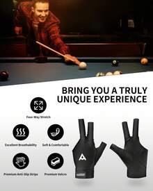 Pool Glove Left Hand, Billiards Gloves 3-Finger Lycra Glove With Anti-Slip Silicone & Breathable – Billiard Gloves Popular Sizes For Men & Women - Black - View 2