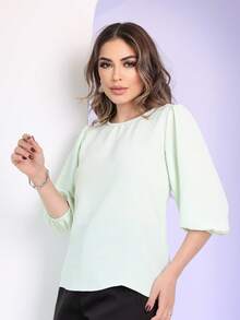 Women's Blouse With 3/4 Sleeves In Plain Dune Fabric - 青檸色 - 查看 2