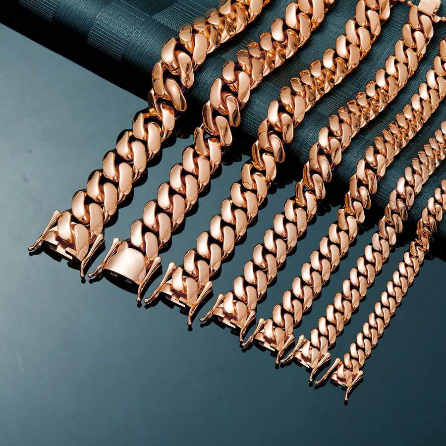 2025 New Monaco Rose Gold 8/10/12/14/16/18/20/22mm Width Miami Cuban Link Thin Chain Men&Women Bracelet Stainless Steel Chain+Brass Clasps 18K Rose Gold Plated Strong - Rose Gold - View 1