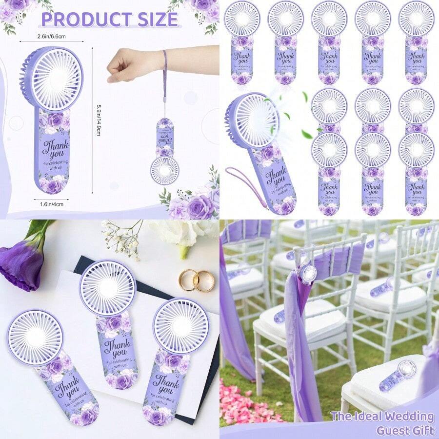 12 piezas Favor de boda Pequeño abanico personal portátil Abanico de mano mini Abanicos a granel pequeños Abanicos lindos para invitados Mujeres y hombres Viaje Campamento Diseño floral morado - Floral púrpura - Ver 1