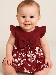 2-Piece Baby Girl Dress Set With Flowers And Plants, Batwing Sleeve Dress And Bow Headband, Ideal For Girls From 3 Months To 2 Years For Summer - 酒紅色 - 查看 1