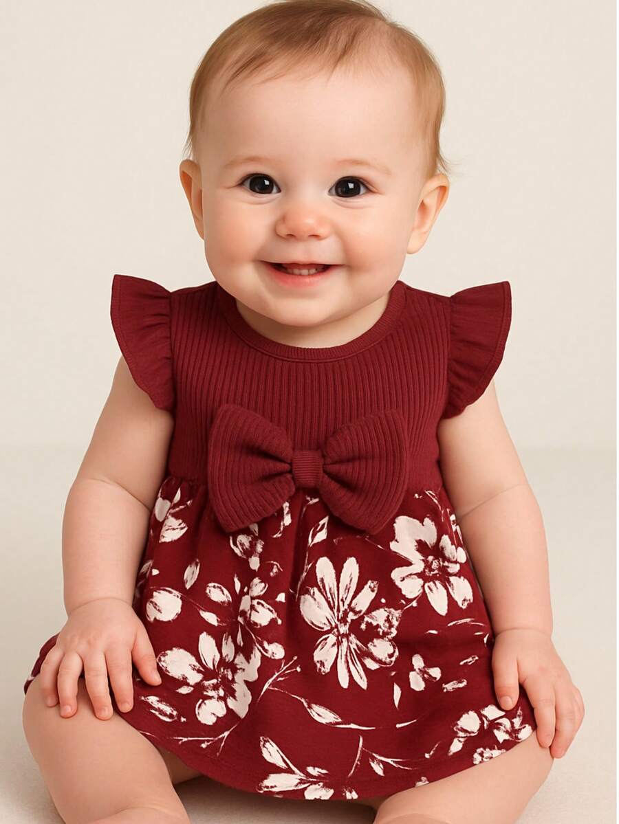 2-Piece Baby Girl Dress Set With Flowers And Plants, Batwing Sleeve Dress And Bow Headband, Ideal For Girls From 3 Months To 2 Years For Summer - 酒紅色 - 查看 1