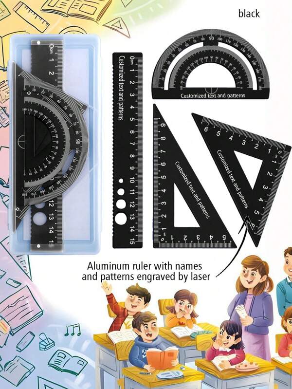 Custom Engraved 4-Piece Aluminum Ruler Set – Personalized Name/Text, Straight Ruler, Set Square, Protractor, Circular Ruler, Durable & Multi-Functional, Perfect For School, Office, Engineering & Drafting, Kawaii Aesthetic Minimalist Design In 6 Colors, Back To School & Christmas Gifts