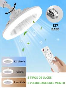 Ventilador LED todo en uno Tres tipos de luces Tres velocidades de viento con función de memoria Base E27 Modelo de control remoto Adecuado para habitación, sala de estar, sala de estudio, habitación de automóvil - Blanco - Ver 3