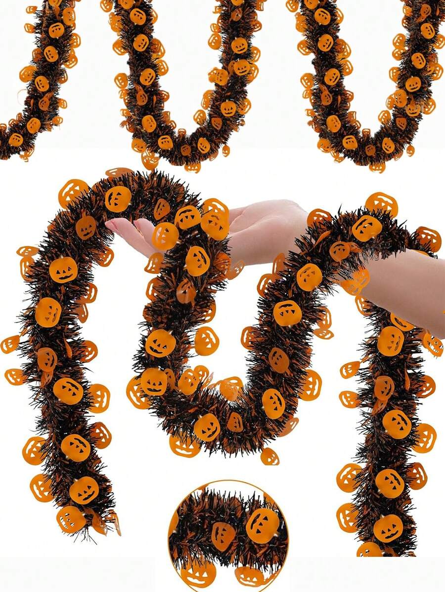 1 Pack 6.56ft Halloween Tinsel Garland, Black Halloween Tree Garland, Halloween Metal Twisted Garland With Orange Pumpkin For Party Doors, Mantels, Porches, Fireplaces, Indoor And Outdoor Decorations - Multicolor - View 1
