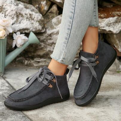 Flat Plus Size Women's Casual Lace-Up Loafers, Soft & Lightweight Solid Color Minimalist Flats