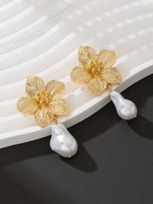 1 Pair Elegant Multi-Color Dopamine Inspired Golden Flower & Faux Pearl Stud Earrings, Women's Wedding Gift