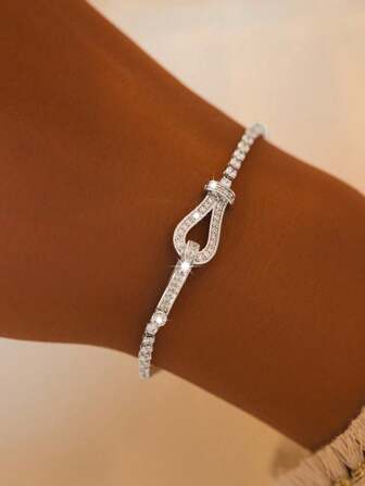 [Luxury Collection] 925 Sterling Silver Horseshoe-Shaped Fully Paved Cubic Zirconia Adjustable Chain Bracelet, Women's Birthday/Valentine's Day/Party Jewelry, Luxury High-End Accessory