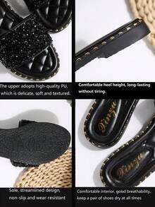 Mules mode femme, style français chic coréen décontracté polyvalent 2025 nouveau style UE/US, décoration de perles et strass plate, sandales de plage de vacances, tenues printemps été - Noir - Voir 6