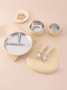 6PCS Print On Demand Silicone Bib Stainless Steel Cup Spoon Fork Sets Self Feeding Training Bowl Plate With Suction Base Tableware Sets, Shower Gift, Led Weaning, Personalized Gift - Multicolor - View 16