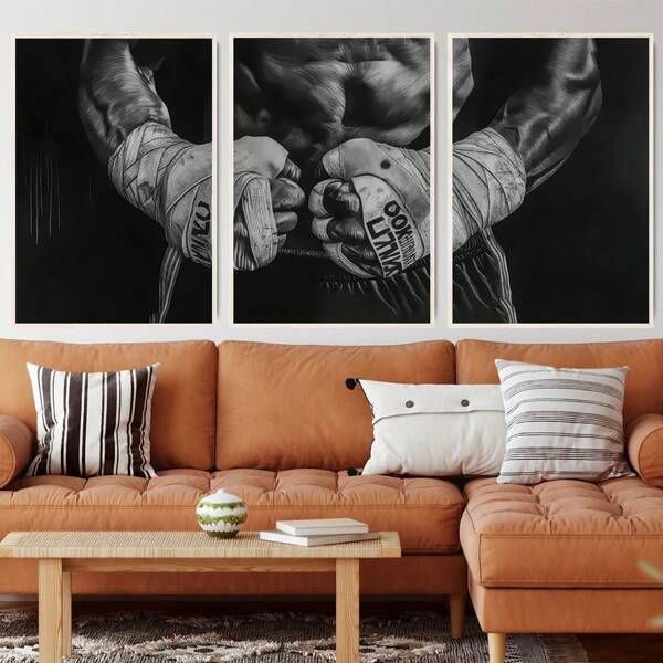 3pcs/Set Black And White Black Boxing Posters And Print,Mid Century Neutral Abstract Canvas Wall Art Painting,Perfect For Bedroom,Living Room & Office Bar Decorations,Ideal Gift Wall Art,Perfect Gift For Art Enthusiasts,Without Frames