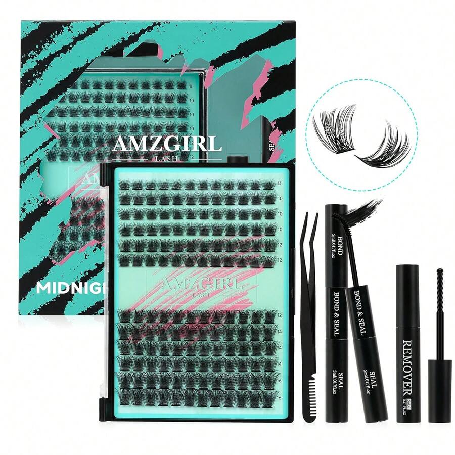 AMZGIRL LASH Midnight DIY Lash Extension Kit, 144 Pcs Eyelash Clusters Kit Lash Bond And Seal, Lash Glue Remover And Applicator For Individual False Eyelashes Kit Lash Extensions(D-Mix 8-16mm Kit) - 320pcs-80D - View 1