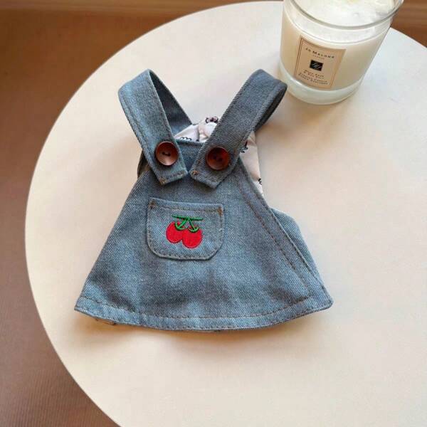 1pc Cherry Embroidered Pet Denim Skirt, Suitable For Cats & Dogs, All Seasons