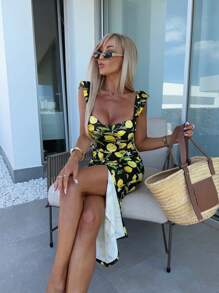 1 Piece All-Over Floral Print Boho Elegant Woven High Slit Dress, Everyday Summer Wear - Black - View 6