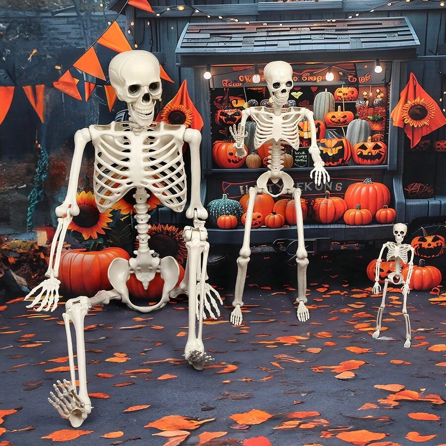Esqueleto decorativo de Halloween de 40 cm/90 cm/170 cm, esqueleto de plástico com articulações móveis, pode ser usado para pendurar ou como escultura. Adequado para decorações externas de Halloween, casas mal-assombradas, festas, pátios, cemitérios e acessórios didáticos.