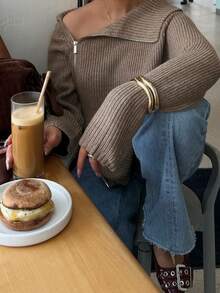 DOVELLE Women's Autumn And Winter New Solid Color Lapel Long Sleeve Knitted Cardigan, Diagonal Zip Design Ribbed Sweater Cardigan, Daily Casual Commuter, Dating Knitted Top