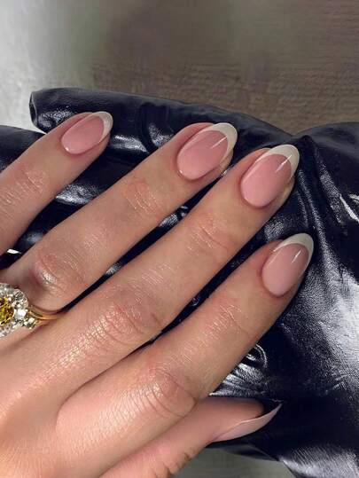 24pcs Short Oval Press-On Nails, Classic French White Tip Short Minimalist Round Nail Set, +1pc Jelly Gel +1pc Buffer, Suitable For Women And Girls Daily Wear Nail Supplies