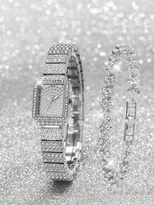 2 件女士钢表带水钻休闲手表和手链套装 - 銀色 - 查看 1