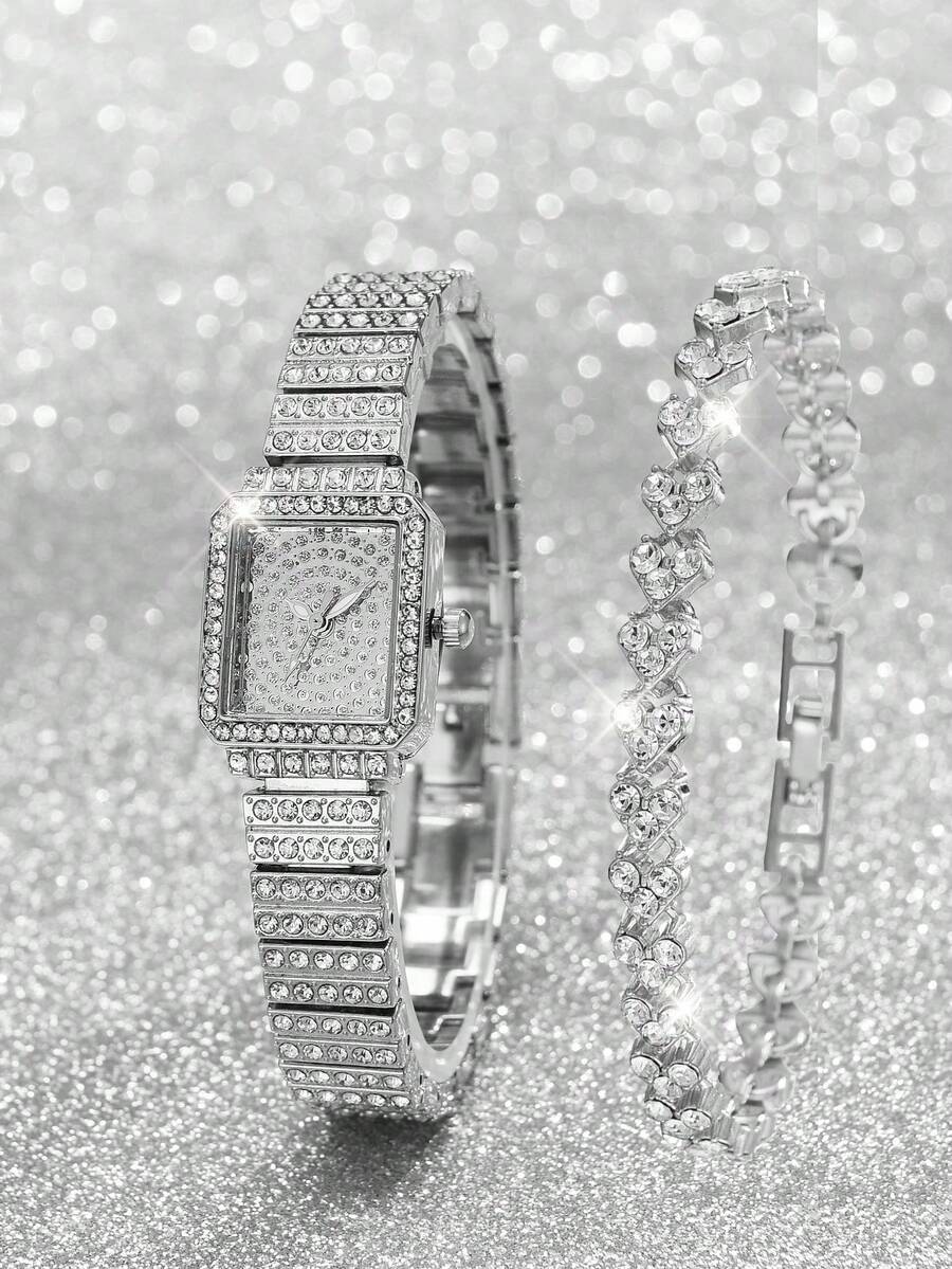 2 件女士钢表带水钻休闲手表和手链套装 - 銀色 - 查看 1