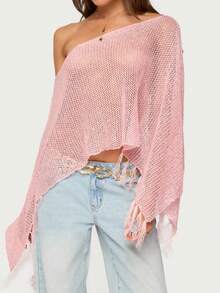 Women's Off-Shoulder Lightweight Crocheted Lace Mesh Tassel Cover-Up – Effortlessly Chic With Breathable Mesh  Flowing Tassels For Beach, Street, Or Casual Outings - 粉色 - 查看 4