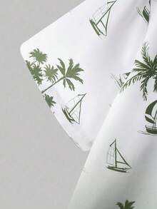 男士两件套热带椰子树印花短袖衬衫和短裤套装，休闲夏季户外活动，舒适服装 - 綠色 - 查看 4