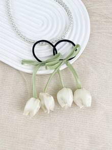 1条女士优雅郁金香花朵丝带发圈，高端花卉发绳，适合日常使用，可作马尾辫发圈、橡皮筋发带、发绳、弹性发圈 - 彩色 - 查看 9