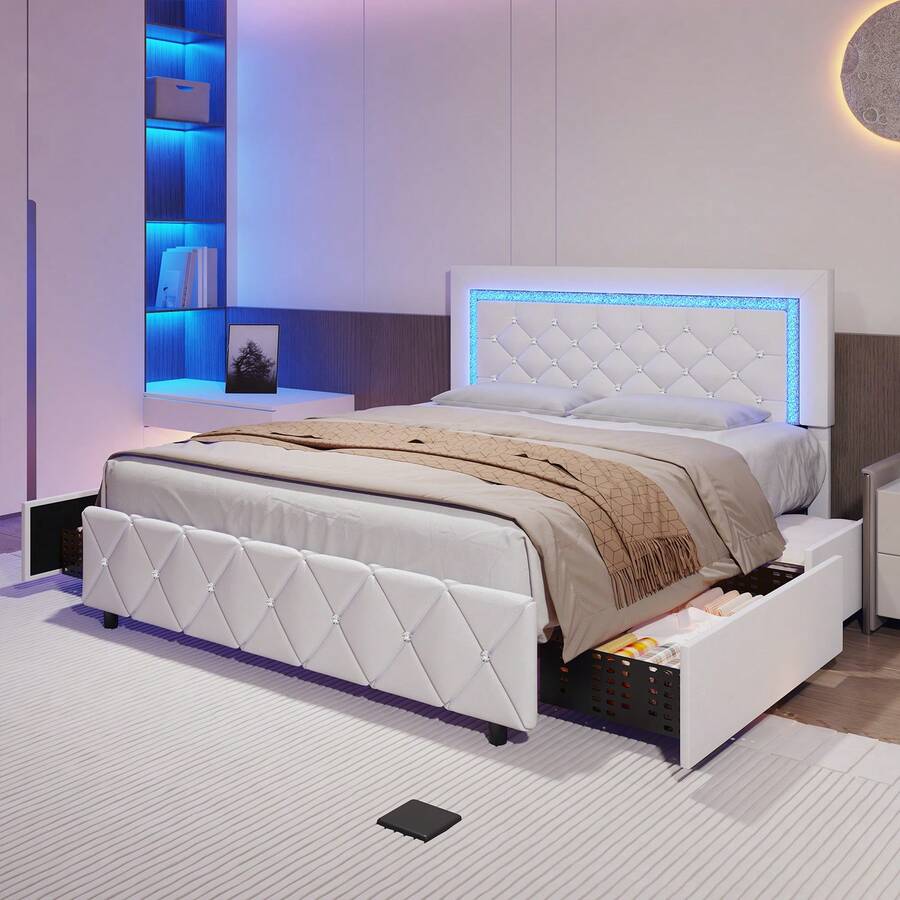 Twin/ Full/ Queen Bed Frame With Drawers, Upholstered Bed Frame With LED Lights, Modern Platform Bed Frame With Headboard And Footboard, Diamond Tufted Design, No Box Spring Needed, White/ Pink/ Black/ Purple/ Yellow (Twin Size 2 Drawers/ Other Size 4 Drawers) * Bed Frame Queen Bed Frame Bed Queen Bed Frame King Bed Frame Bedroom Furniture Bed Frame Full Full Size Bed Frame Twin Bed Frame Beds Cozy Bedroom Home Bedroom Refresh Room Decor Home Decor Christmas Decor Bedroom Decor Valentine Day Decor Storage Living Room Decor Furniture House Decor Halloween Decorations  ( USB LED Strip) - White - View 1