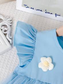 Kleine Mädchen Ferienkind 3D Blumen gerüschtes Meshkleid für den Sommer, blauer traumhafter Mesh Blumenrock aus Tüll, Kleine Mädchen Geburtstags Party Kleid, Fotoshooting Outfit, süß & weich, Prinzessinstil, Tüllkleid, leichtes festliches Kleine Mädchenkleid, Geburtstags Party Kleid, Blumendekoration, Meshkleid