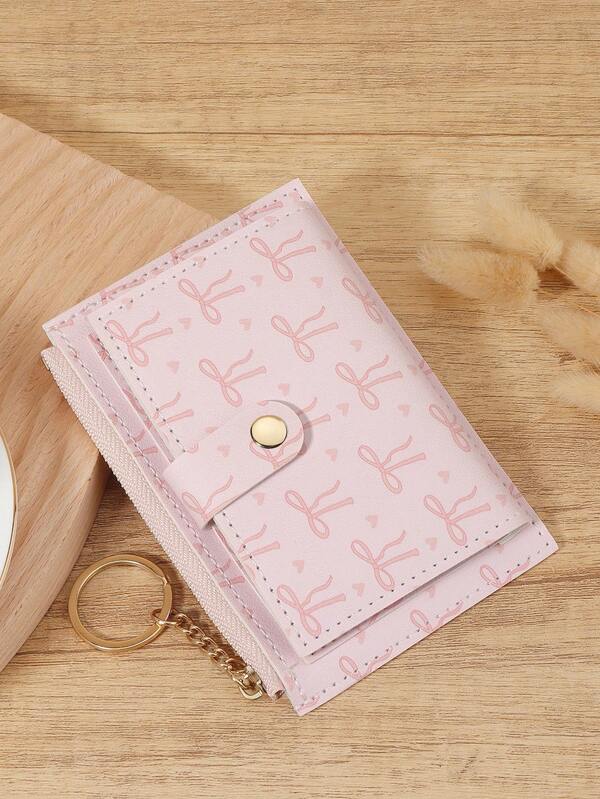 Pink Bow Love Pattern Zipper Small Wallet With Chain Keychain, Coin Pocket Small Purse Bifold Slim Women Wallet MiniThin, Lightweight, Multi Layer Portable, ID Card, Money Credit Card Minimalist, Fashion, Modern, Business, For Anniversary, For Birthday Gift, For Gift, For Girls, For Lady, For Female, Bag School Supplies For School Dorm Room & Back To School