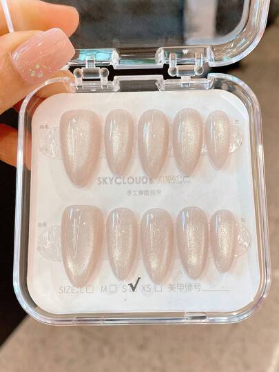 10pcs/Set Handmade Almond Nail Design Stickers, Gray Cat Eye Glitter Effect, Suitable For Daily, Party Wear For Students & Pregnant Women, Comes With Nail Tips