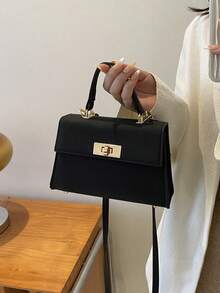 moda unicolor presionado PU vuelta Funda Bolso de mano con cerradura metálica - Negro - Ver 4