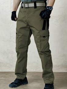 2Pcs Men's Solid & Camo Print Pockets Zipper Waterproof Tactical Cargo Pants Without Belt, Regular Fit Sporty Pockets Durability Trousers For Fall, Wear-Resistant Outdoor Training Pant For Men - 灰色+綠色 - 查看 6