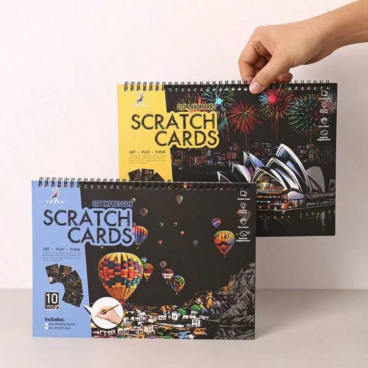 10枚セット 街並み スクラッチアートカード - 大人のDIYカラフル