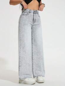Calça jeans feminina reta e versátil, casual e solta, com bolso - Cinza - Ver 4