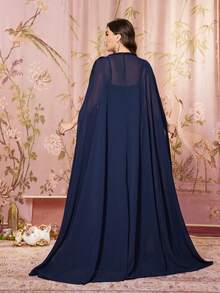 Váy Maxi Chiffon Thanh Lịch Có Eo Xếp Ly, Thiết Kế Hoa Thêu, Cổ Khăn Choàng Không Tay, Trang Trí Đính Hạt - Màu xanh hải quân - Xem 2