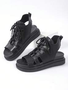 Women's Solid Color Platform Wedge Sandals, Casual Buckle Summer Sandals, Comfortable Open-Toe Sandals, Women's Roman Flat Sandals, Solid Color Open-Toe Criss-Cross Strap Non-Slip Shoes - Black - View 8