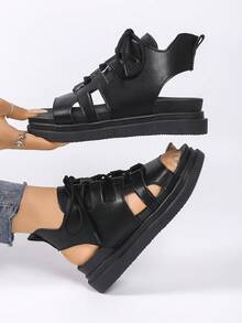 Women's Solid Color Platform Wedge Sandals, Casual Buckle Summer Sandals, Comfortable Open-Toe Sandals, Women's Roman Flat Sandals, Solid Color Open-Toe Criss-Cross Strap Non-Slip Shoes - Black - View 1