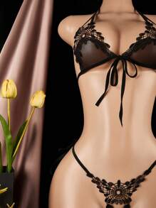 Sexy Lingerie, Sexy Lingerie Lace A Black Floral Erotic Lingerie Set Featuring Sheer Hollow-Out Corset And Thong. With A Pull-String Front For Instant Breast Release, Perfect For Couples' Passionate Nights.