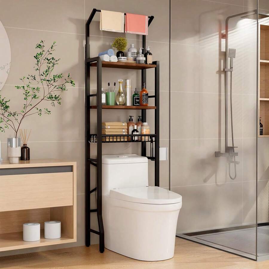 Over The Toilet Storage Cabinet, Over Toilet Bathroom Organizer 4-Tier Over Toilet Shelf Freestanding Space Saver Bathroom Shelves Above Toilet For Room, Black - 黑色 - 查看 1