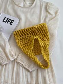 1 pieza Bolsa de malla de poliéster con base de punto de unicolor, ligera, espaciosa, diseño lindo y elegante, adecuada para mujeres, estudiantes, maestros como regalo, uso diario, viajes, todo el año - Amarillo - Ver 7