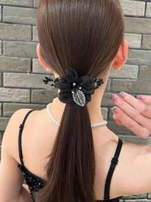 Mesh Lace Flower Crystal Hair Scrunchies, Luxurious Exquisite Elegant Hair Ties, Stretchy Decorative Coiled Hair Scrunchies With Premium Design, Suitable For Women's Parties, Occasions And Daily Wear, Scrunchy Hair Ties