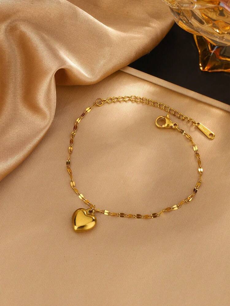 VceTd 1 套浪漫不锈钢首饰套装，配有光泽的心形吊坠，适合女性在约会或订婚时佩戴，或作为节日送给爱人的礼物 - 金色 - 查看 5