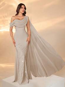 Woman's Plunging Neckline Sleeveless Dress With Long Ribbons, Pleated Bust, Solid Color, Body-Hugging, Exquisite Rhinestone Embellished Elegant Gown (Random Rhinestone Direction) With Back Tie And Mini Fish Tail Hem - Apricot - View 5