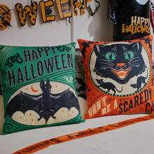 4 capas de almofada decorativas vintage de Halloween, estampa de gato assustador, abóbora, caveira, morcego, capas de almofada retrô de 45,7 cm x 45,7 cm com zíper, estampadas em um só lado, decoração de Halloween para casa, adequadas para o feriado de outono, pátio externo, sofá para sala de estar interna, decoração de quarto