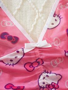 Sanrio 1 件女式 V 领 Hello Kitty 数码印花紧身吊带裙、细肩带、透视露背、女士太阳裙、夏季睡袍、娃娃装、性感内衣、性感内衣裙 - 粉色 - 查看 9