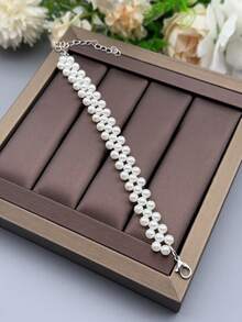 1pc Classic Faux Pearl Braided Choker Necklace