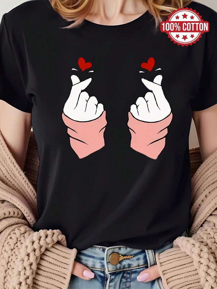 Camiseta de algodón con estampado casual de moda para mujer - Negro - Ver 1