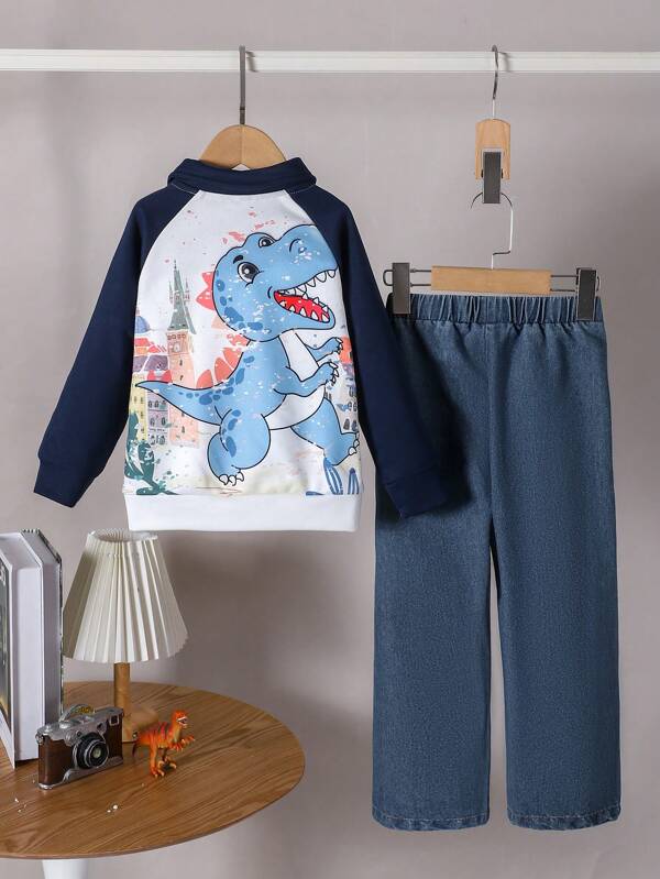 idolCat 2er Set Jungen Lässig Spielerisch Dinosaurier Poloshirt und gerade geschnittene Jeans, Jungen Schulanfang Herbstkleidung