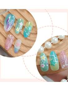 Summer Ocean Series Nails 60 Pieces (2 Mixes) Long Almond 3D Gel Nails Make Starfish Dolphin Shell Flower Nails With Pearl Decoration Design French Acrylic Press Nail Almonds Perfect Fit Fake Nail Set Includes: 1 Piece Jelly Glue & 1 Nail File, Easy To Wear Summer Nails & French Pointed Nail Art For Women & Girls For Daily Wear & Party Use